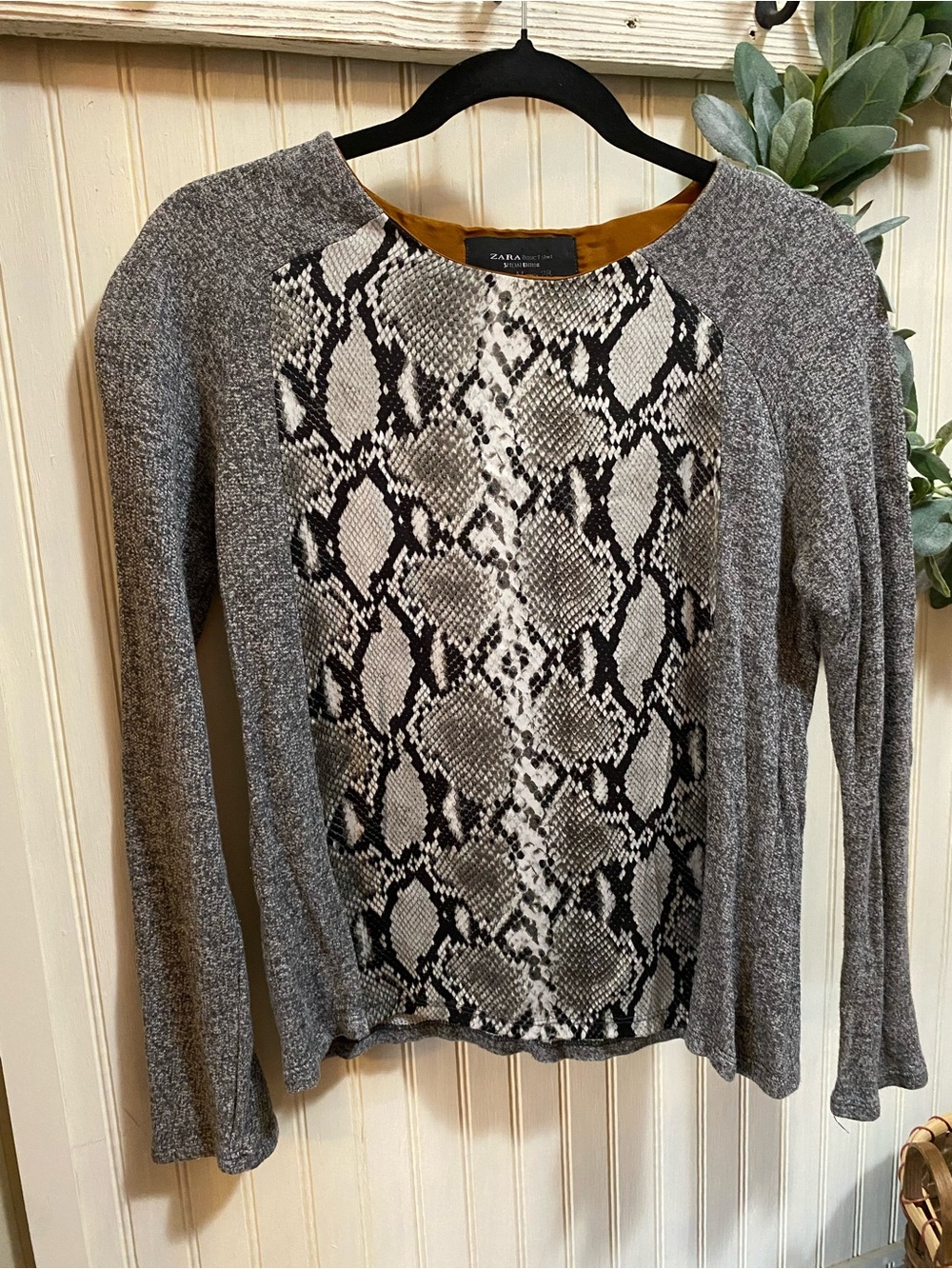 Zara Gray Sweater with Snake-Print Front Panel